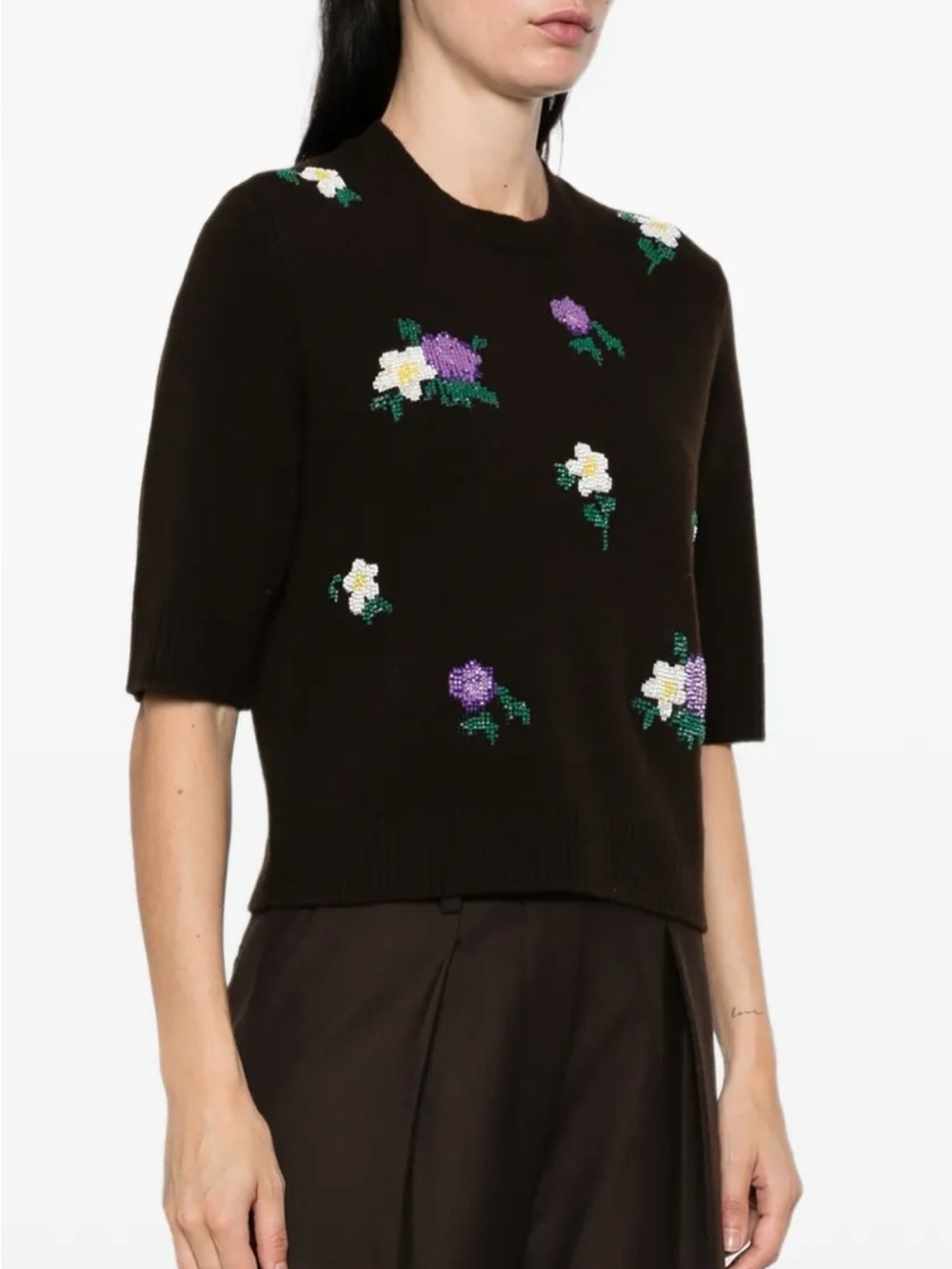 Maje Black Short-Sleeve Crewneck Sweater with Purple & White Floral Embroidery 3